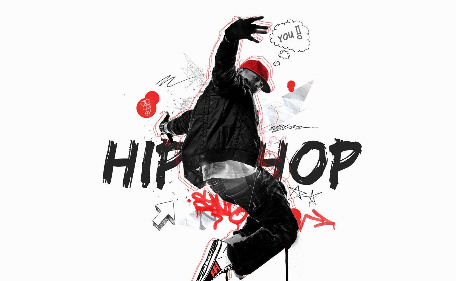 dancer 桌布 壁紙 — 一個動態塗鴉風格插圖，描繪一位戴紅帽、穿黑色外套的嘻哈舞者正在舞動，帶有粗體紅色和黑色文字及潑濺效果。