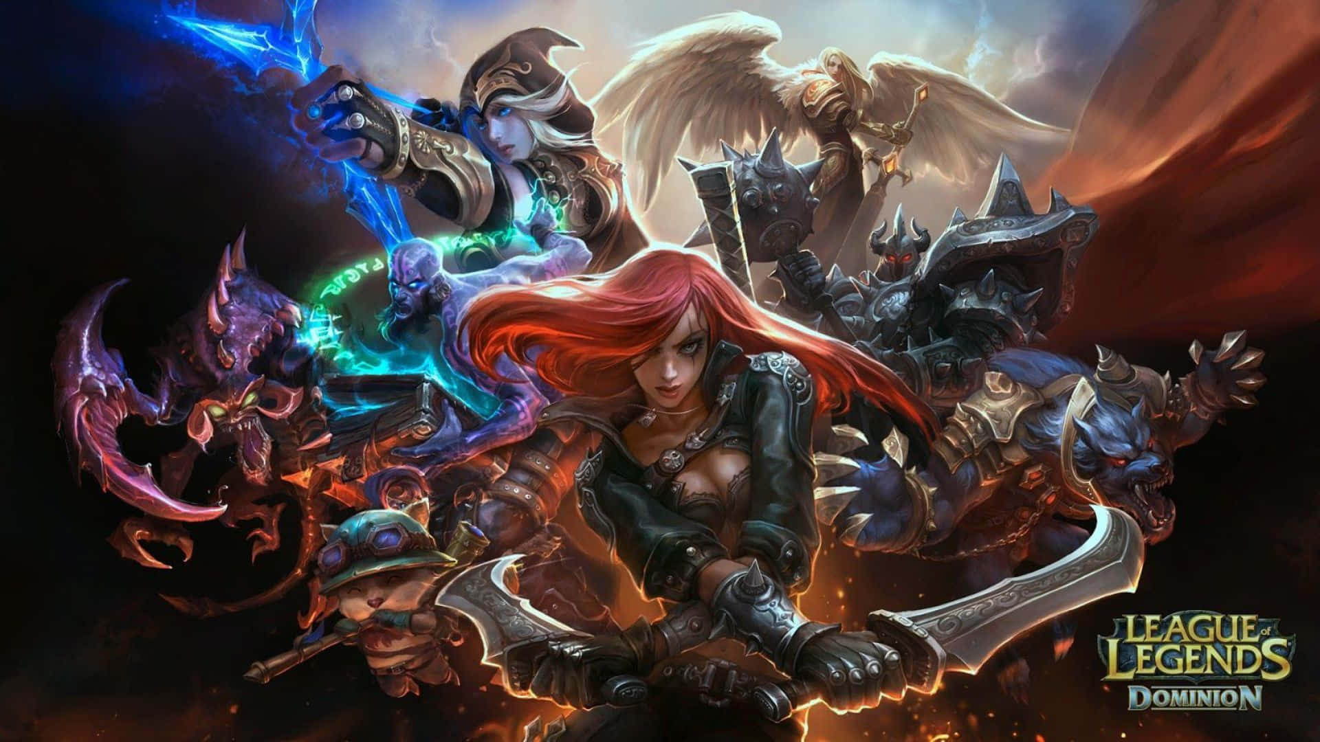 1920x1080 League Of Legends 桌布 壁紙 — 一個動態奇幻戰鬥場景，描繪一位紅髮戰士揮舞著發光的劍，周圍環繞著各種魔法角色和生物。