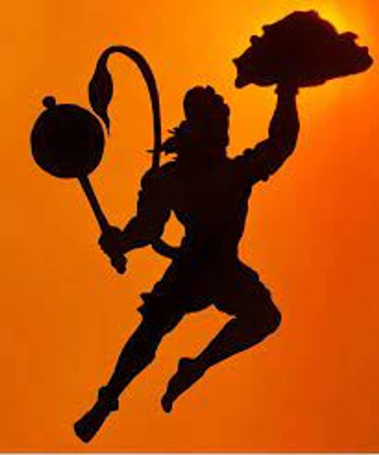Hanuman 桌布 壁紙 — 一個動態戰士的剪影，手持武器和盾牌，在火紅橙色日落天空下跳躍。