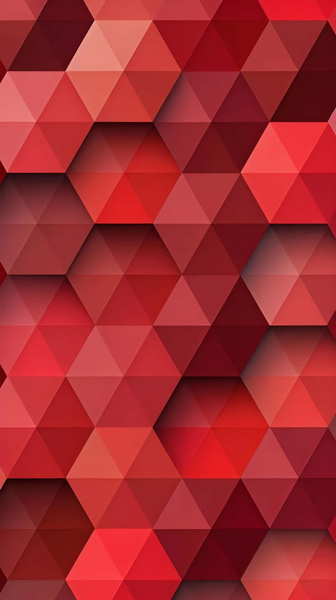 Red Geometric Charm: Minimalist Modern Abstract Wallpaper 壁紙 — 一個動態抽象圖案，由不同深淺的紅色三角形交錯組成，形成有紋理的幾何壁紙。