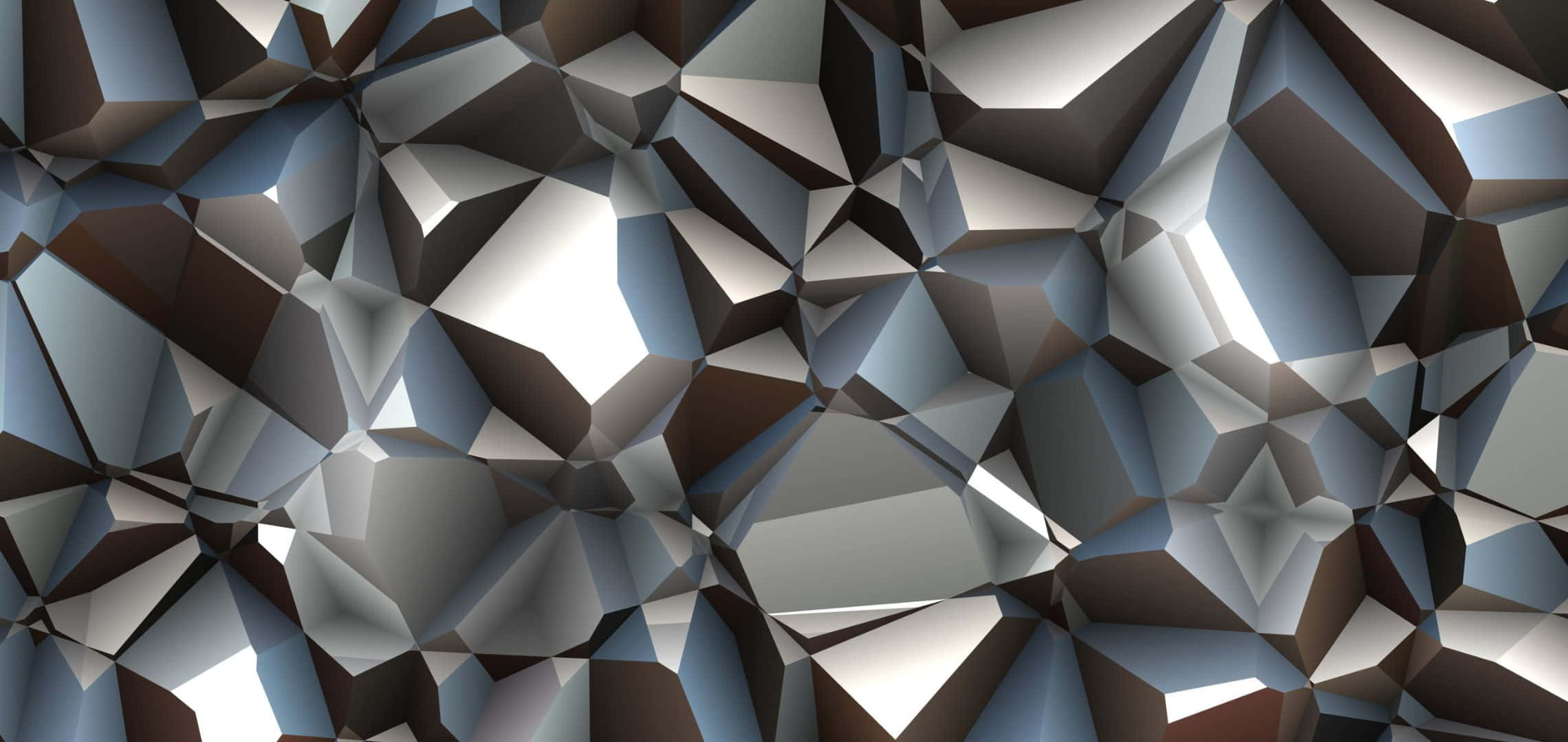2280x1080 桌布 壁紙 — 一個動態抽象圖案，由金屬銀和深棕色的互鎖幾何面組成，帶有銳利的高光。
