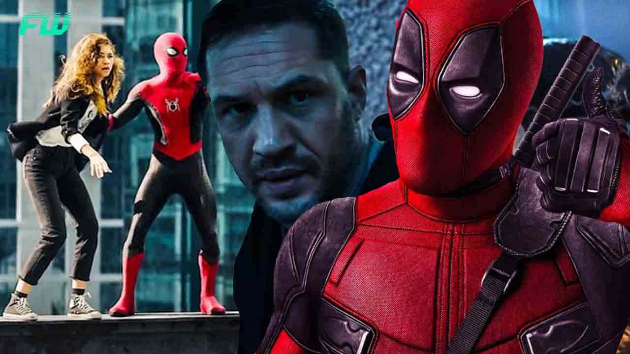 Deadpool And Spiderman 桌布 壁紙 — 一個動態拼貼， featuring Deadpool 身穿紅色戰衣、蜘蛛人和一位女士在屋頂上，背景是城市天際線。