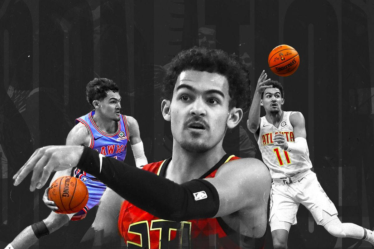 Trae Young 桌布 壁紙 — 一個動態拼貼，展示籃球運動員在鮮明黑白背景下的動作，搭配充滿活力的橙色球。