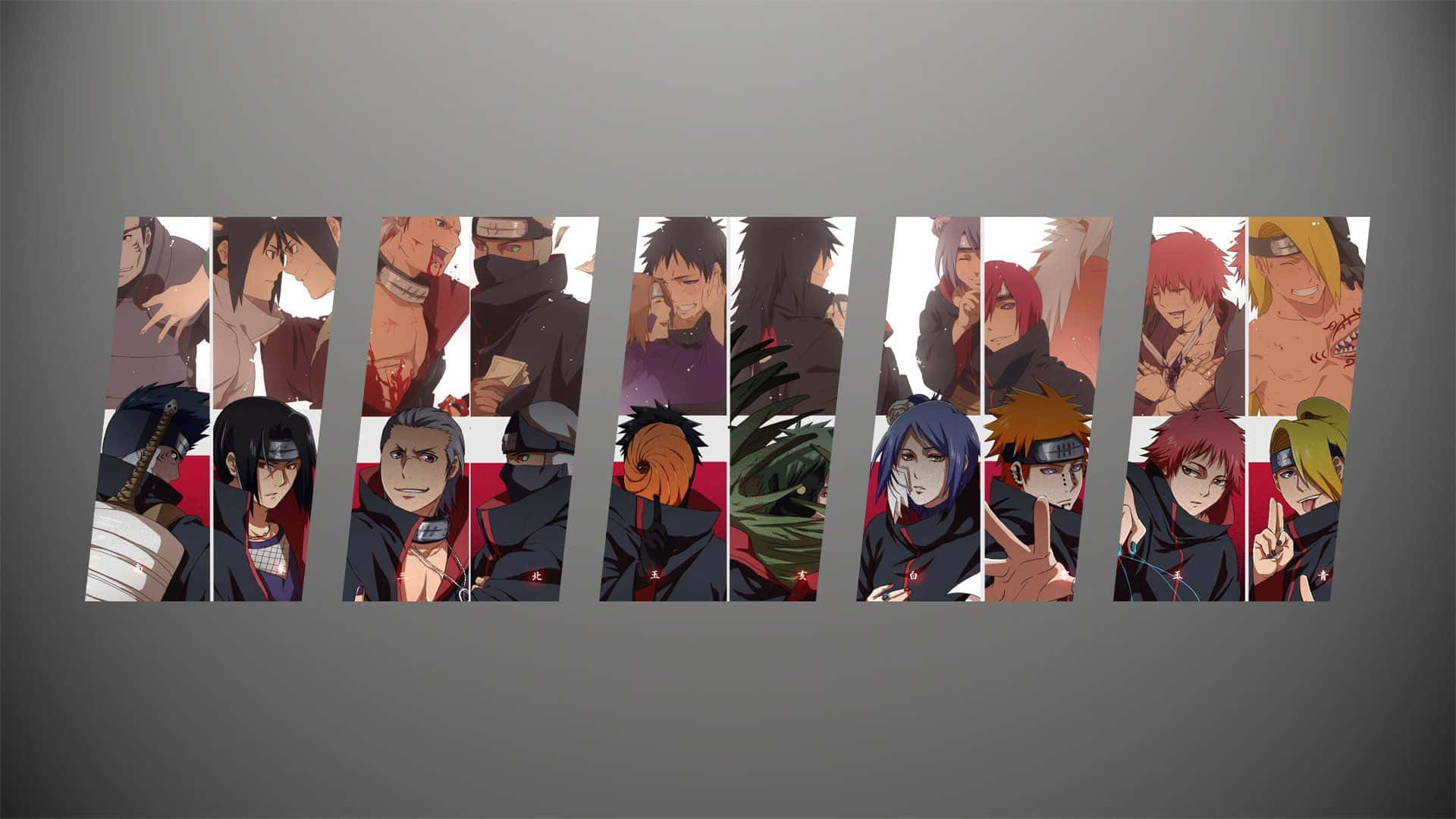 Akatsuki Members 桌布 壁紙 — 一個動態拼貼，展示身穿深色斗篷的動漫角色，背景為漸變灰色。