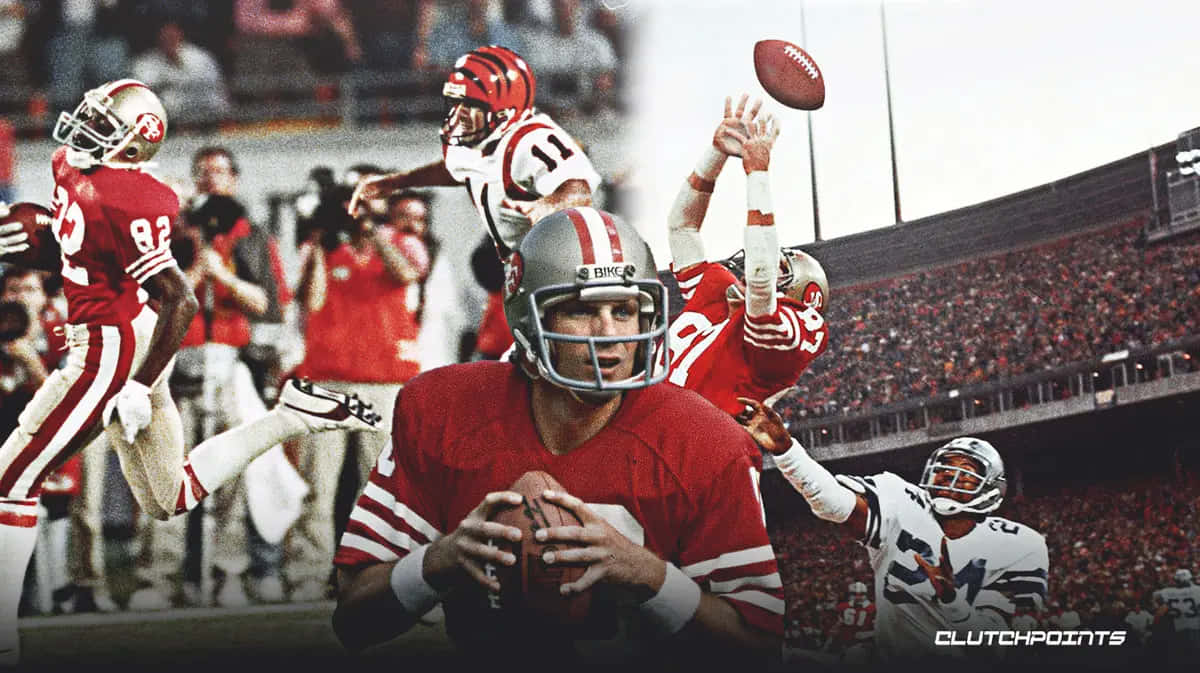 Joe Montana 桌布 壁紙 — 一個動態拼貼，展示身穿紅白球衣的美式足球運動員在擠滿觀眾的球場上激烈比賽。