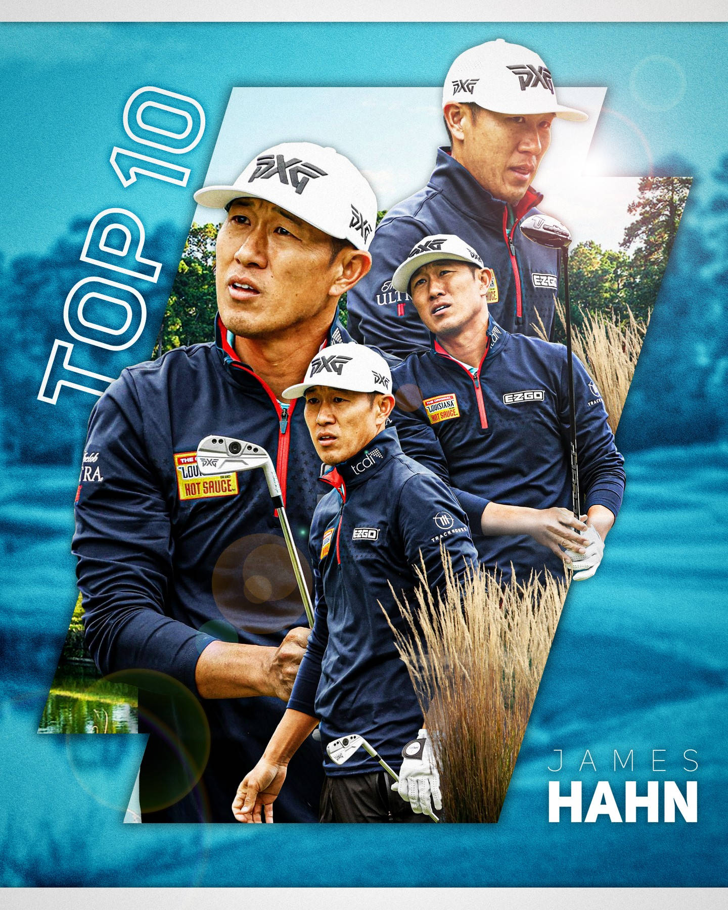 高爾夫球手 James Hahn 的多個動作鏡頭，藍色背景上帶有 'TOP 10' 文字。 — King Von 壁紙