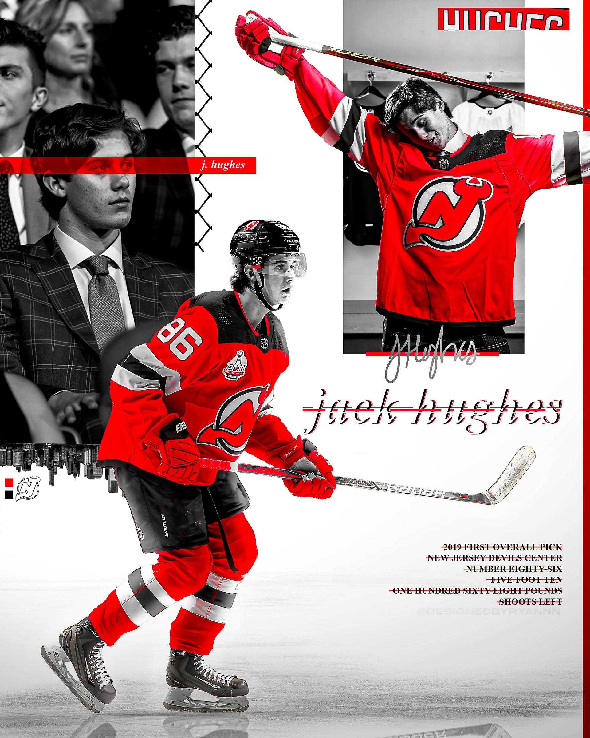 New 桌布 壁紙 — 一個動態拼貼畫，冰球運動員 Jack Hughes 身穿鮮紅色球衣，在黑白背景下高舉球棍慶祝。