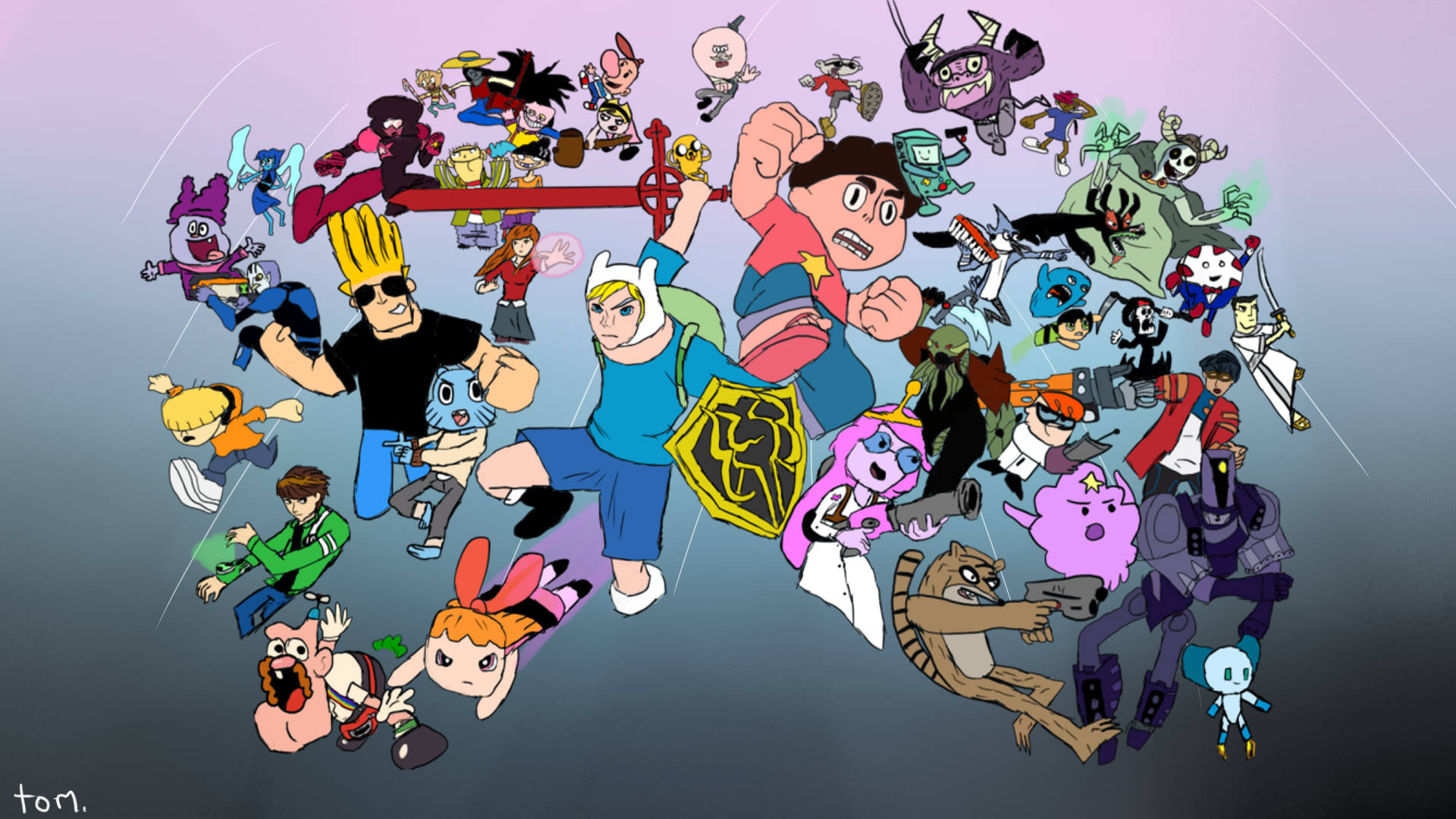 Cartoon Network Characters 桌布 壁紙 — 一個動態拼貼畫，包含來自不同節目的動畫角色，在漸變背景上充滿活力。