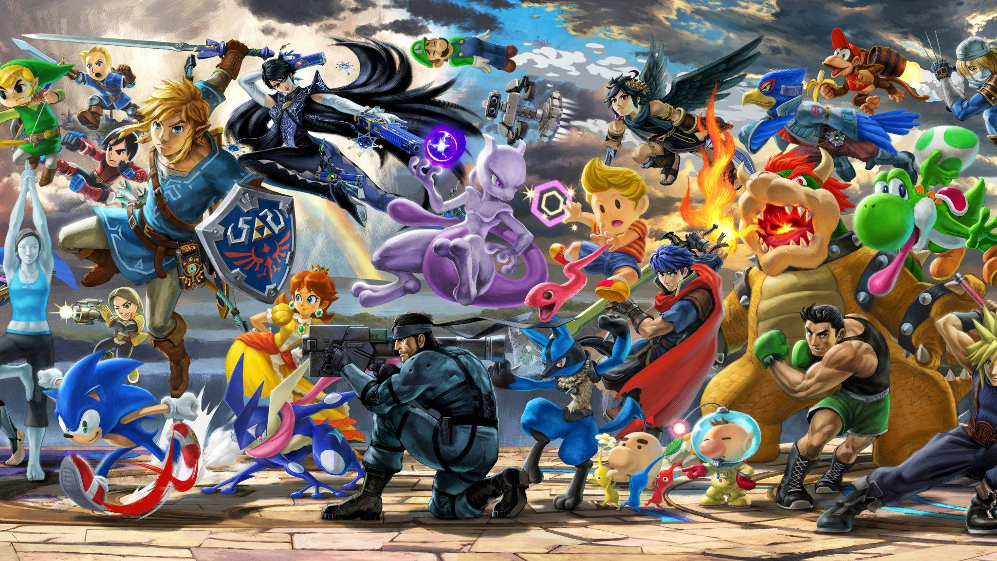 Smash Bros Ultimate 桌布 壁紙 — 一個動態拼貼畫，包含來自薩爾達、索尼克和瑪利歐等系列遊戲的標誌性電子遊戲角色，在暴風雨的天空下英勇地擺出姿勢。