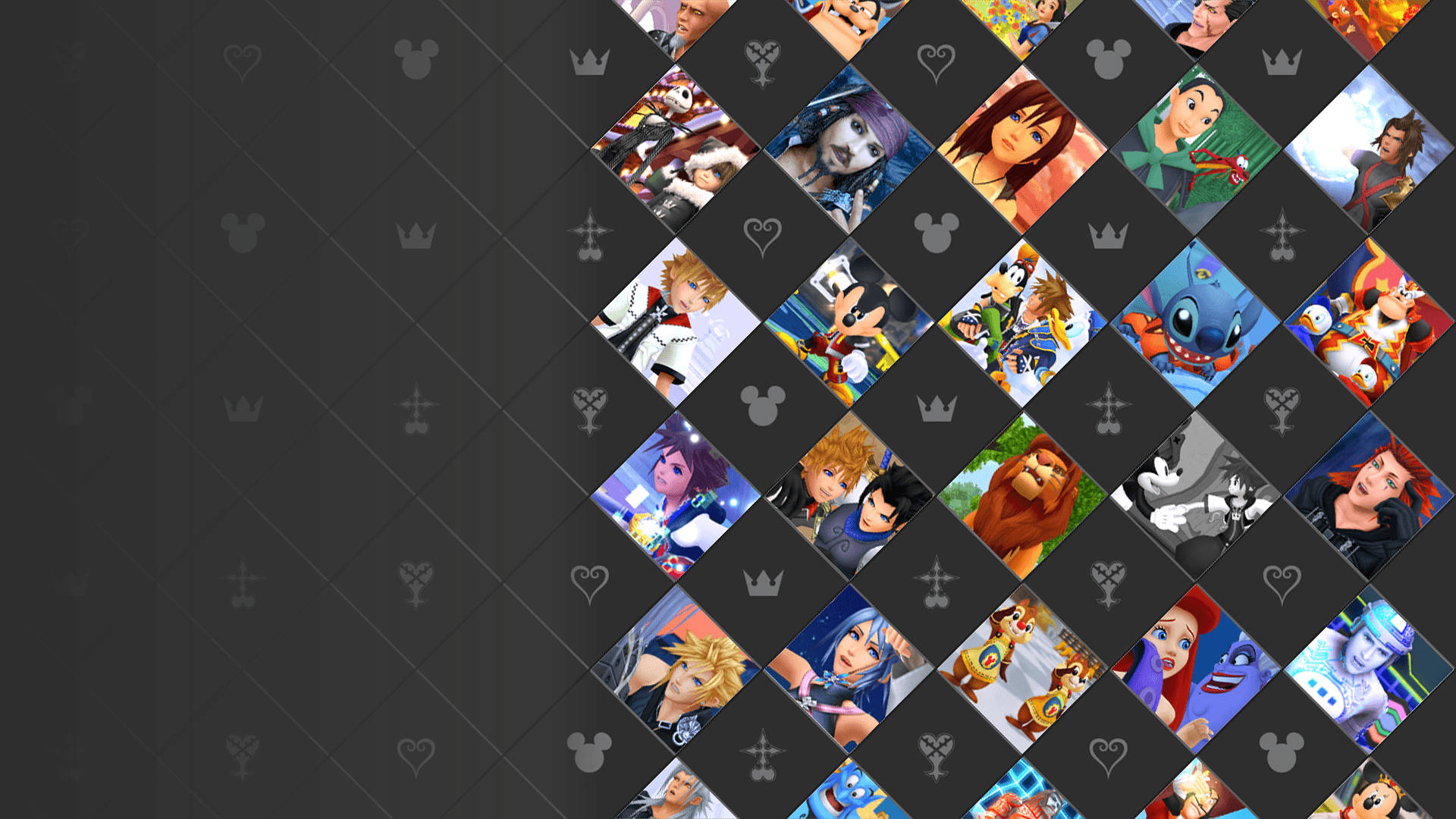 Kingdom Hearts 桌布 壁紙 — 一個動態拼貼畫，將色彩繽紛的動畫角色以對角線排列在深色紋理背景上，並帶有微妙的迪士尼主題圖標。