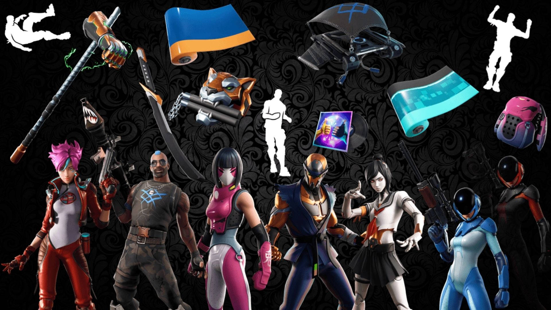 tsuki fortnite 桌布 壁紙 — 一個動態拼貼畫，展示Fortnite角色和武器漂浮在黑色華麗背景上。