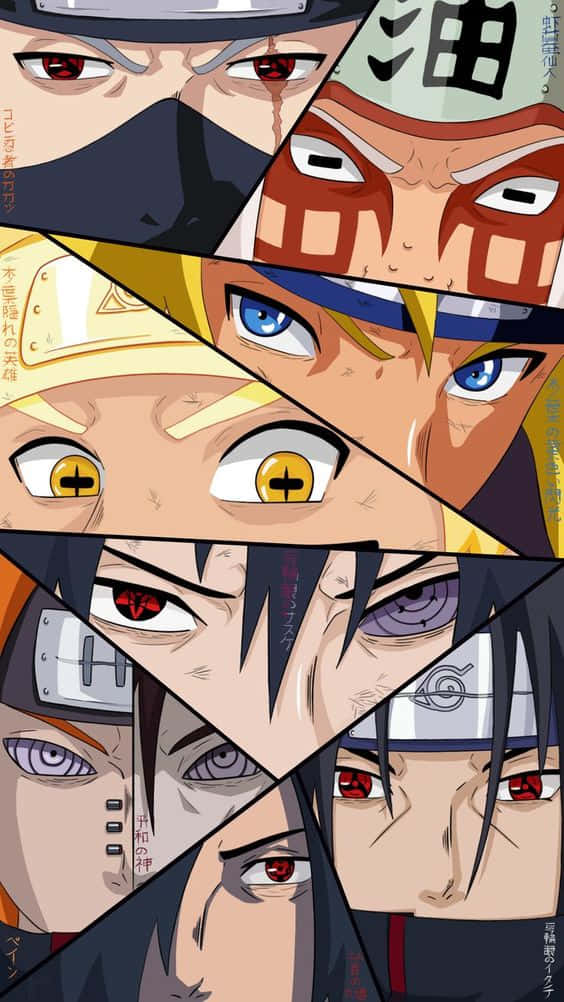 Naruto Eyes 桌布 壁紙 — 一個動態拼貼畫，展示動漫角色在尖銳三角形面板中的強烈眼睛，展現多種超自然眼睛能力。