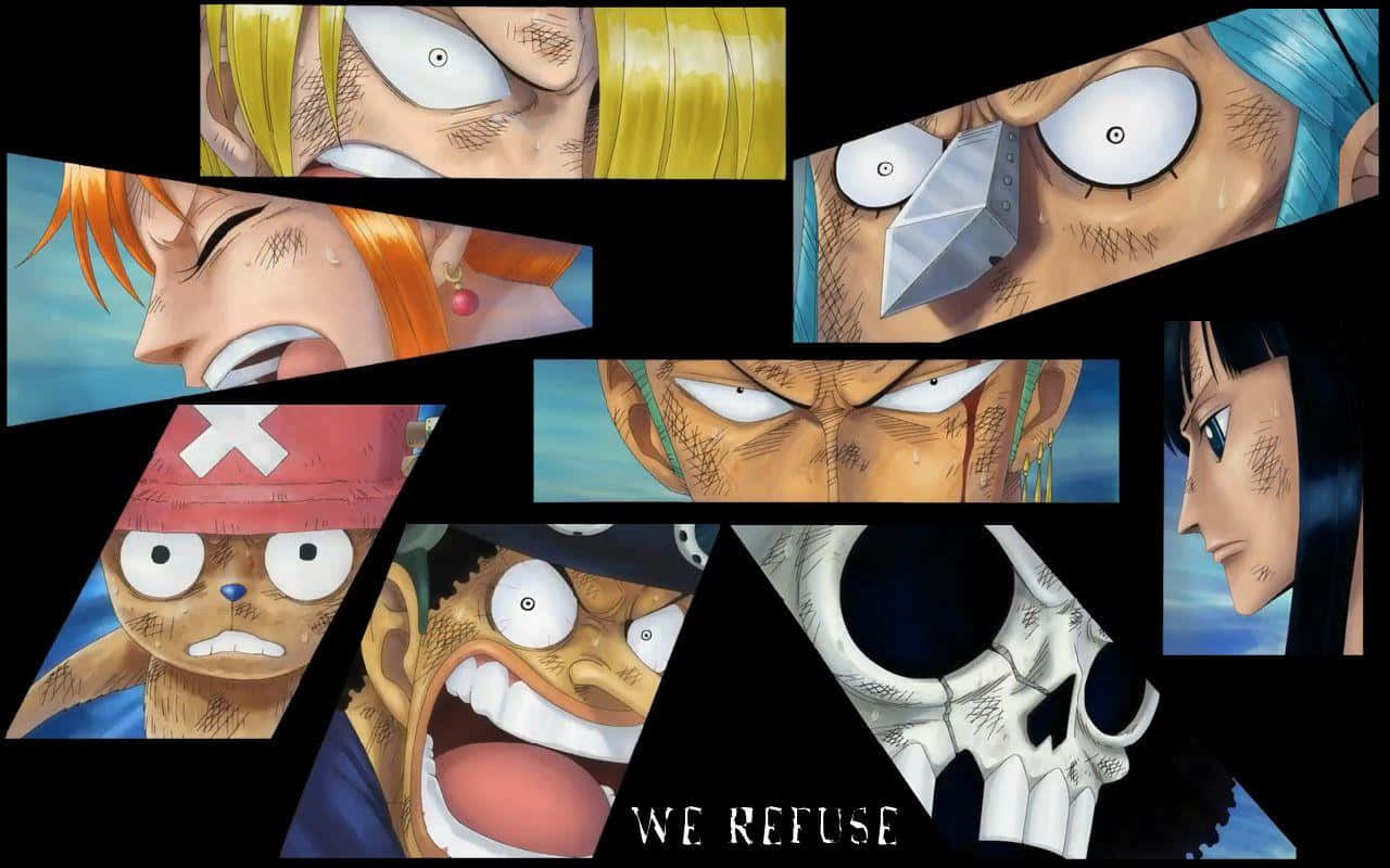 Thriller Bark 桌布 壁紙 — 一個動態拼貼畫，展示多個表情堅定的動漫角色面孔，背景為黑色。