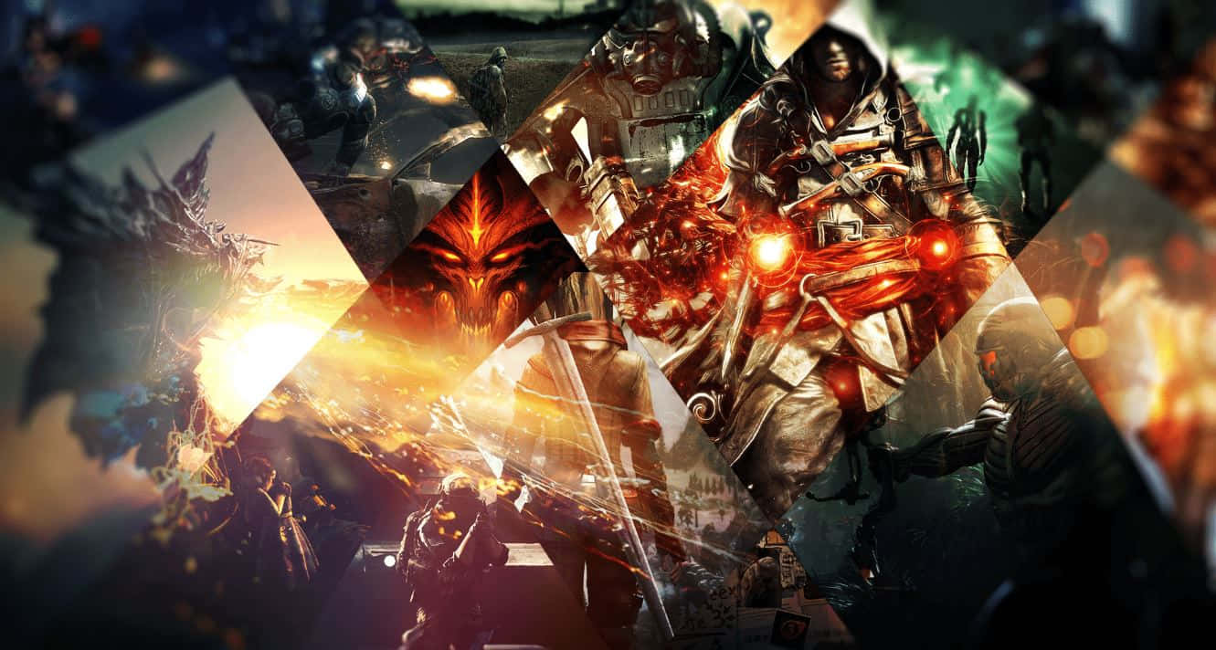 Online Gaming 桌布 壁紙 — 一個動態拼貼畫，展示激烈的遊戲場景，包括裝甲戰士和怪獸在火熱戰鬥中。