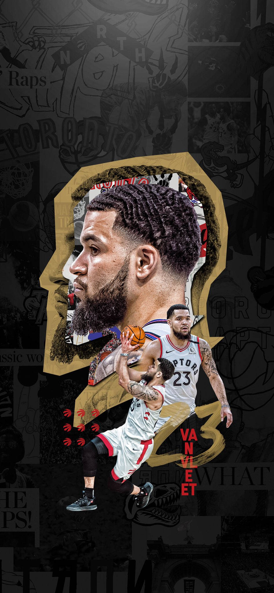 Fred Vanvleet 桌布 壁紙 — 一個動態拼貼畫，展示籃球運動員弗雷德·範弗利特的動作姿勢，他的名字和23號在粗獷的城市塗鴉背景上突出顯示。