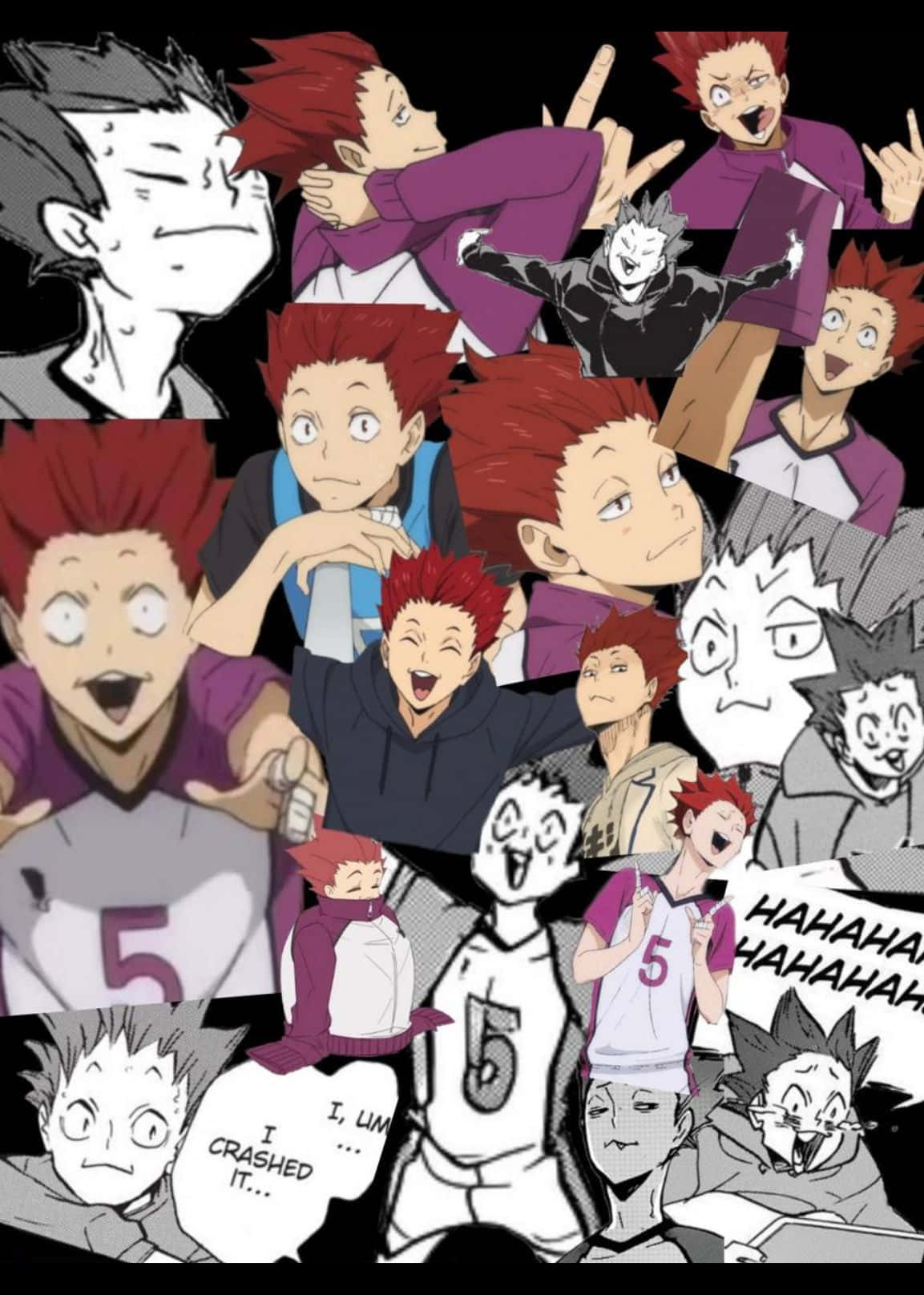 Tendo Satori 桌布 壁紙 — 一個動態拼貼畫，展示紅髮和紫色點綴的動漫角色，呈現誇張的表情和姿勢。