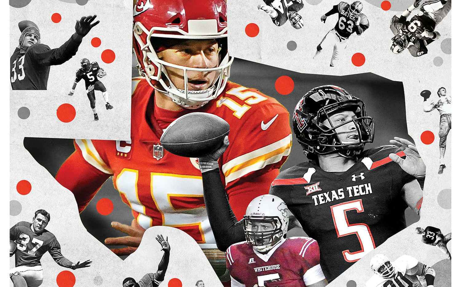 Tom Brady Goat 桌布 壁紙 — 一個動態拼貼畫，展示美式足球運動員在紋理背景上的動作姿勢，帶有紅色和黑色點綴。