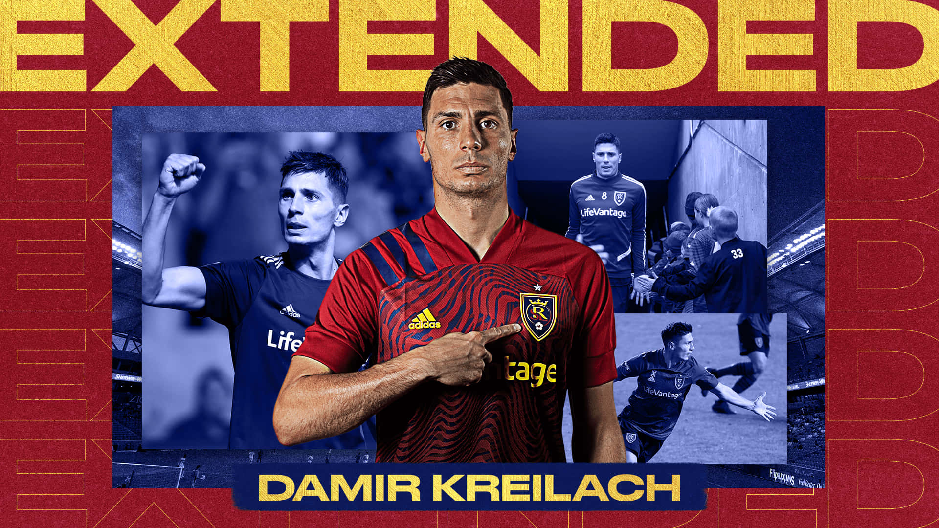 足球 桌布 壁紙 — 一個動態拼貼畫，展示足球運動員 Damir Kreilach 穿著紅黑條紋球衣，指著他的俱樂部徽章，背景為大膽的紅色和動作照片。