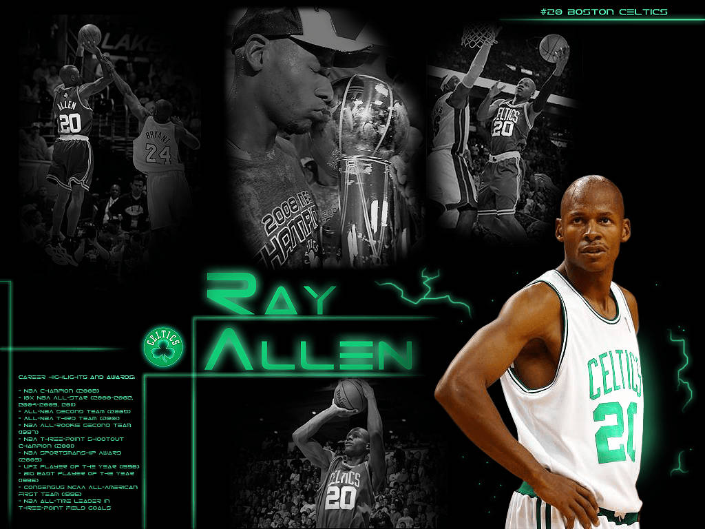 Ray Allen 桌布 壁紙 — 一個動態拼貼畫，慶祝雷·艾倫在波士頓塞爾提克隊的職業生涯，帶有霓虹綠色亮點和冠軍圖像。
