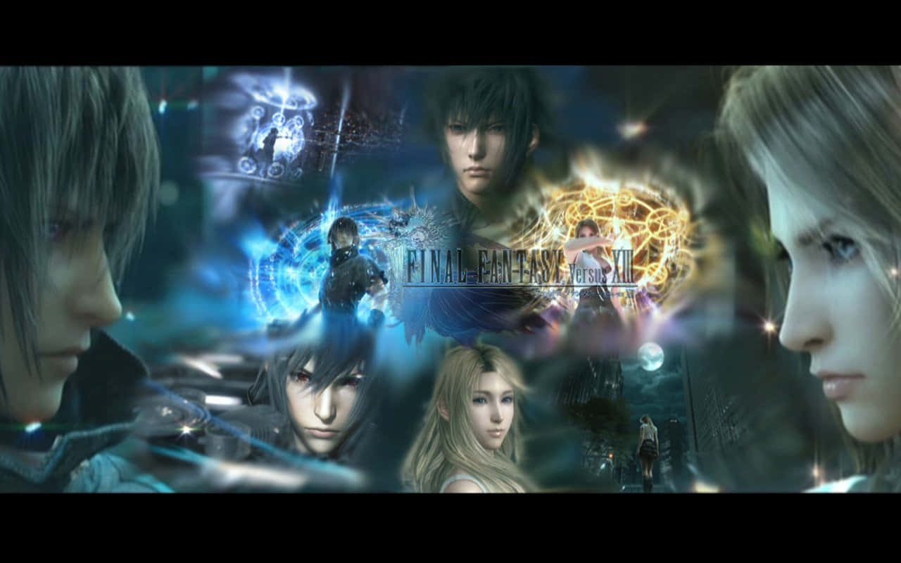 最終幻想 桌布 壁紙 — 一個動態拼貼畫，描繪《Final Fantasy Versus XIII》角色在黑暗電影背景上帶有發光的藍色和金色魔法效果。