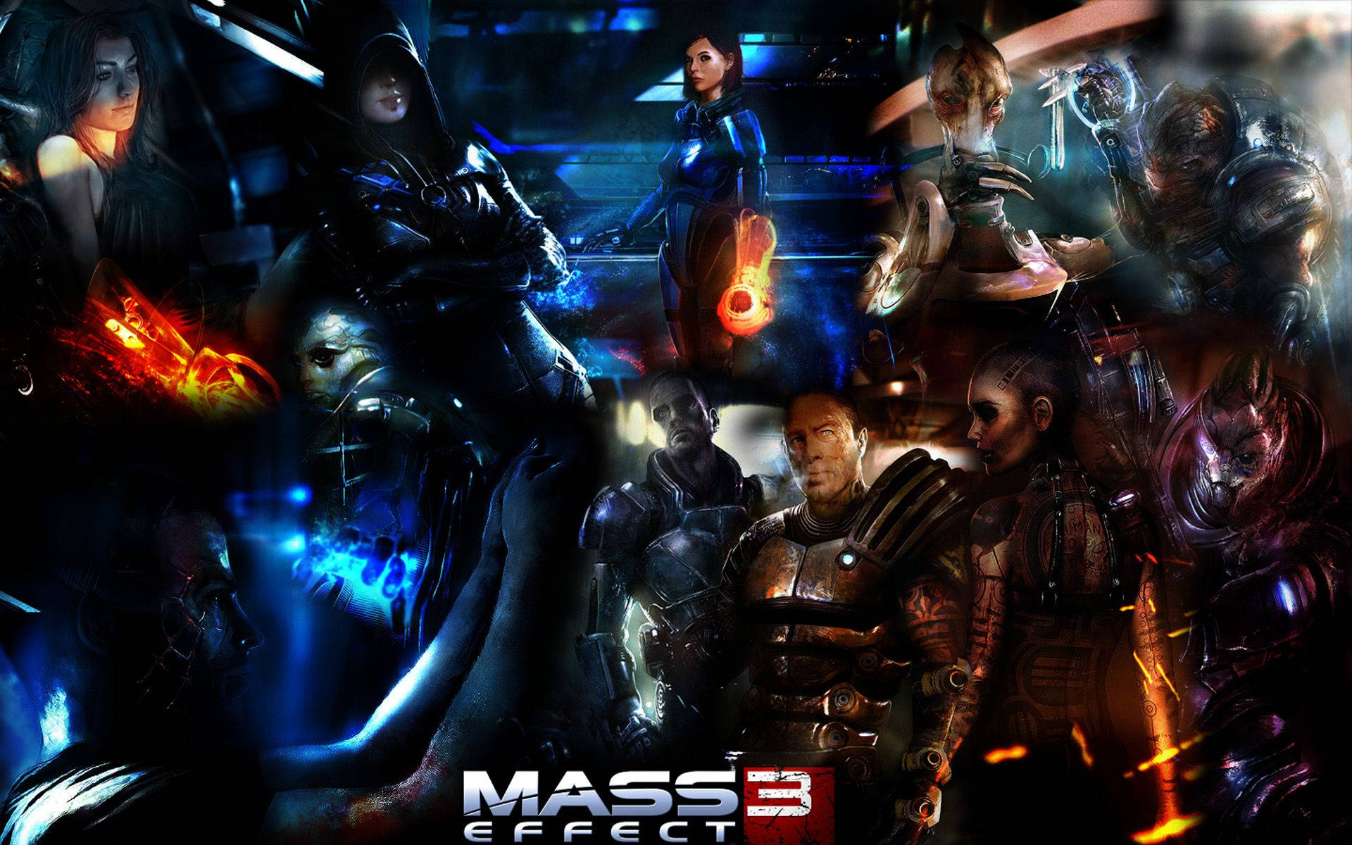 Mass Effect 3 桌布 壁紙 — 一個動態拼貼畫，描繪《質量效應》中的科幻角色，在黑暗的未來場景中散發藍色和橙色能量。