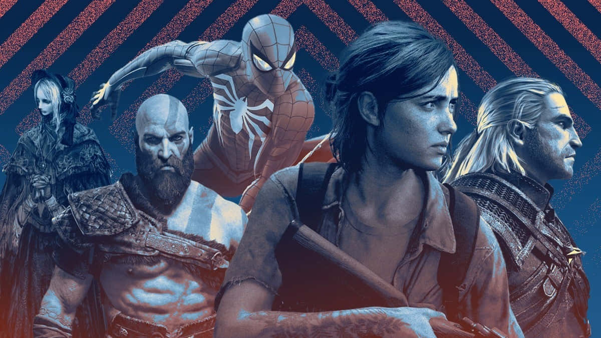 Playstation Profile 桌布 壁紙 — 一個動態拼貼畫，描繪了標誌性的電子遊戲和漫畫角色，在鮮明的紅藍條紋背景前擺出姿勢。