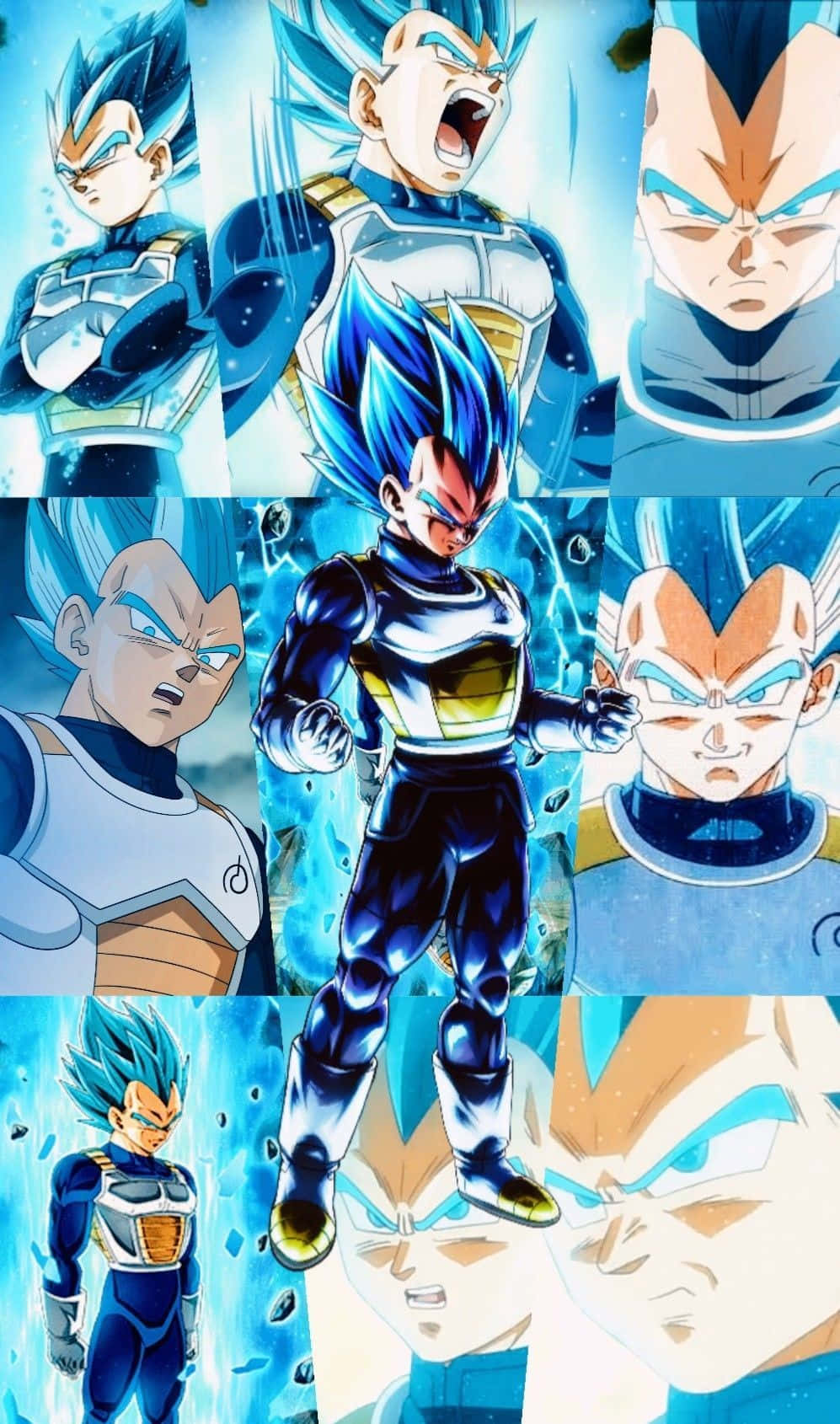 Vegeta Art 桌布 壁紙 — 一個動態拼貼畫，描繪了超級賽亞人藍形態的貝吉塔，帶有強烈的表情和發光的藍色氣場。