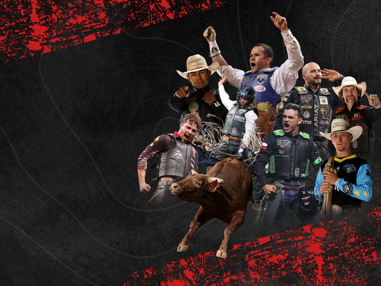 Bull Riding 桌布 壁紙 — 一個動態拼貼畫，描繪了鬥牛騎士和牛仔小丑在黑色和紅色紋理背景上的動作姿勢。