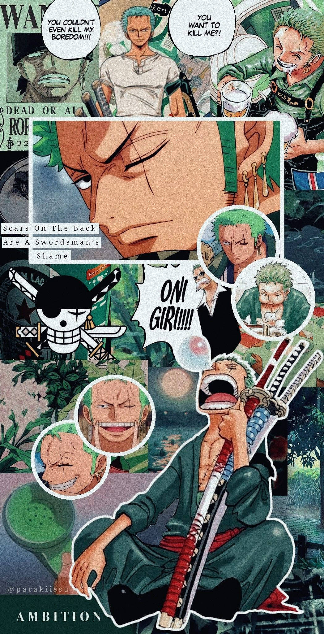 動漫 桌布 壁紙 — 一個動態拼貼畫，描繪動漫角色羅羅諾亞·索隆在各種激烈姿勢中揮舞劍，帶有對話氣泡和海盜主題圖形。