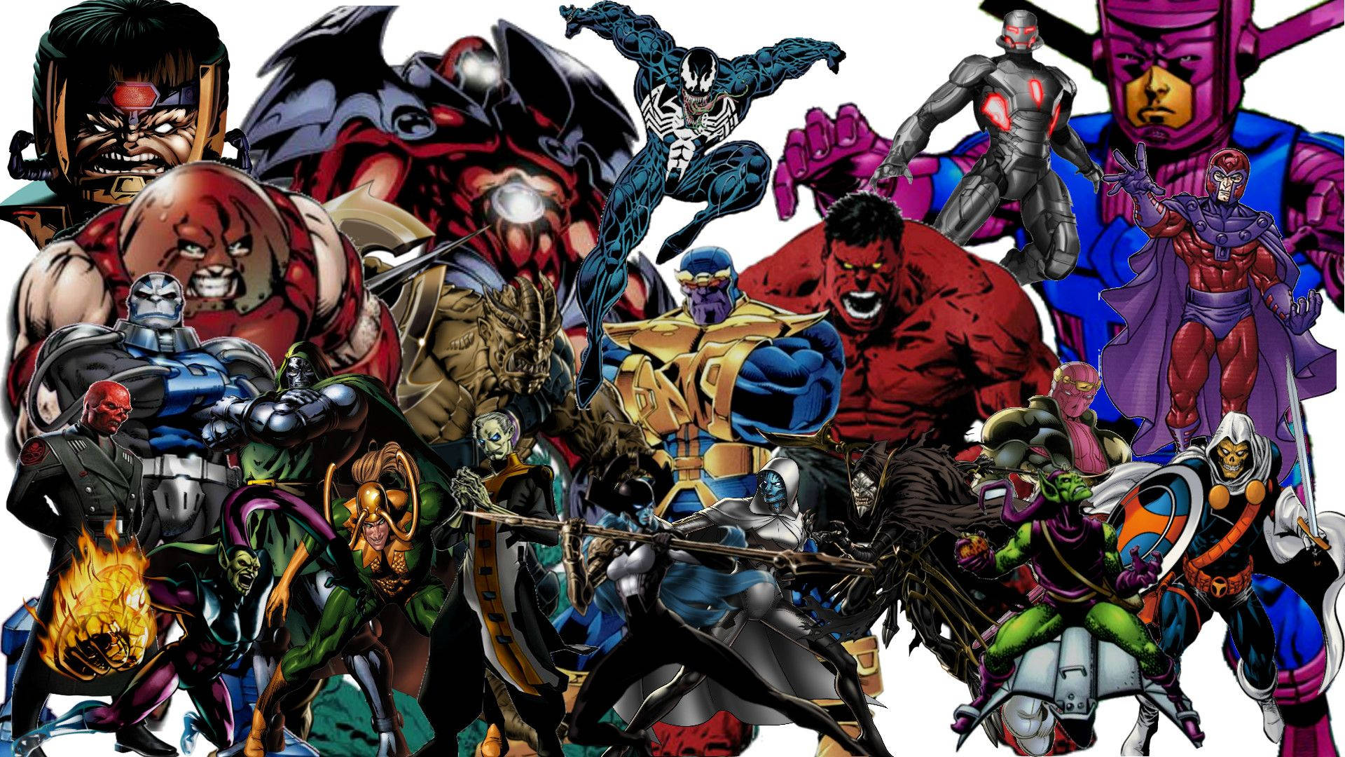 Villains 桌布 壁紙 — 一個動態拼貼畫，描繪標誌性漫畫反派和英雄以大膽姿勢呈現在純白背景上。
