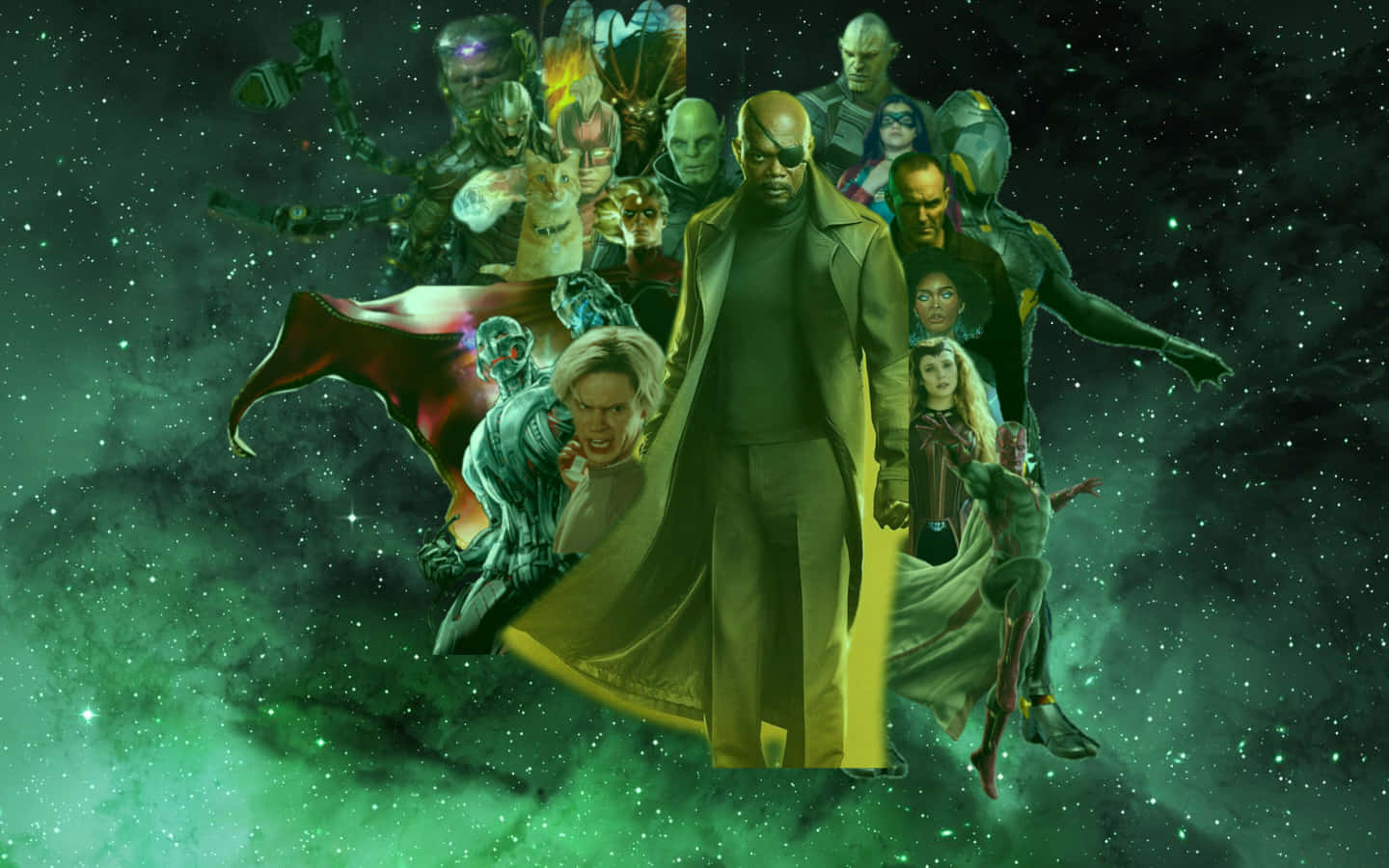 Secret Invasion 桌布 壁紙 — 一個動態拼貼畫，描繪超級英雄角色在充滿星星的鮮綠色星雲中漂浮。