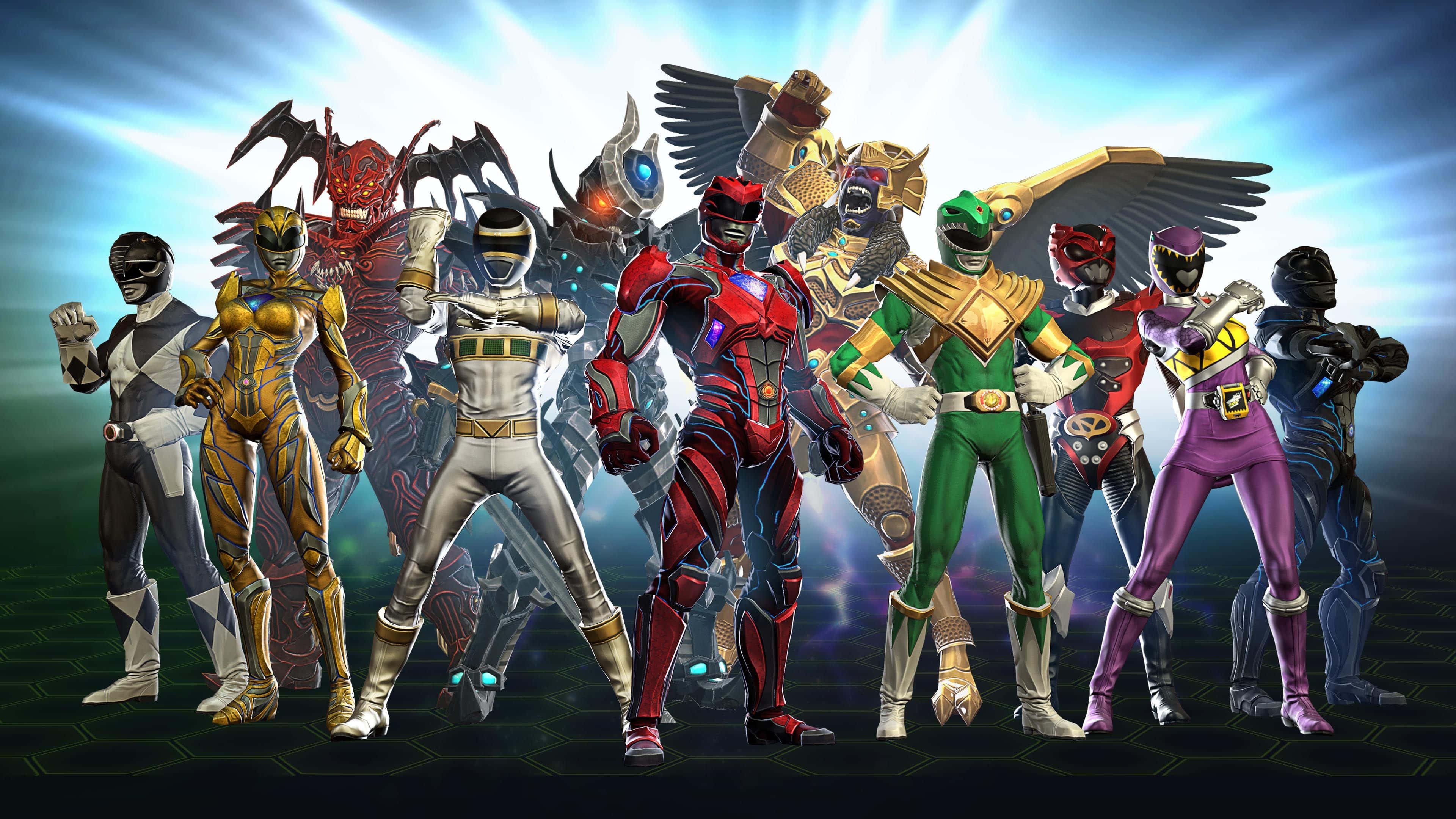 金剛戰士 桌布 壁紙 — 一個動態排列的Power Rangers，身穿色彩繽紛的裝甲套裝，英雄式地站在發光的藍色和綠色能量背景前面。