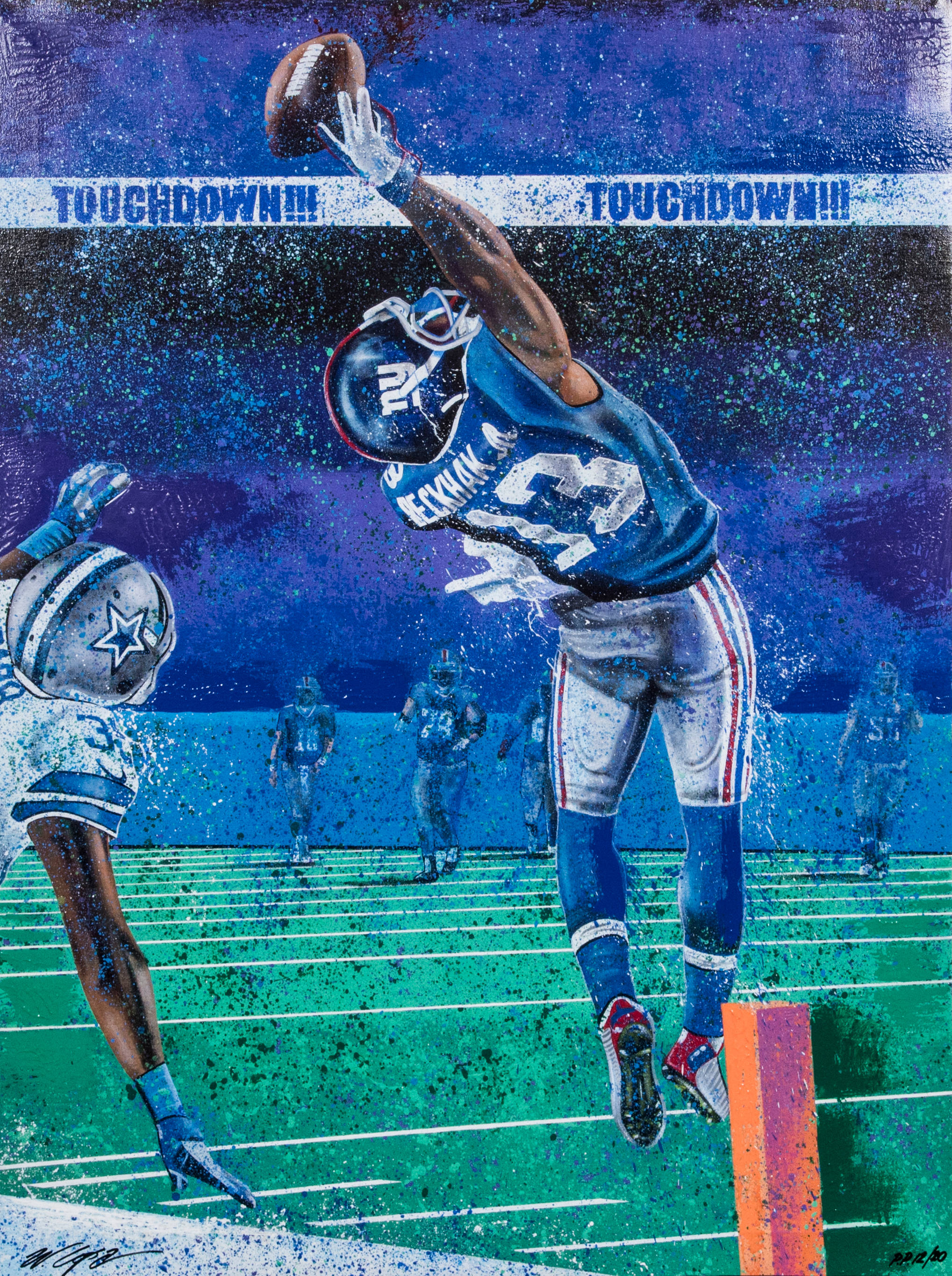 Odell 桌布 壁紙 — 一個動態插圖，描繪一名美式足球員在星空下跳起接住達陣傳球。
