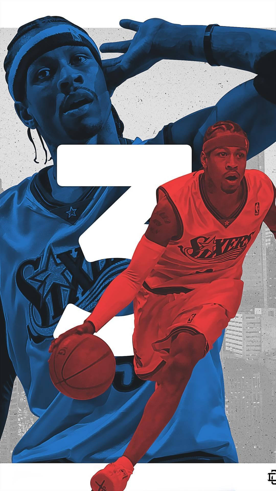 Allen Iverson 桌布 壁紙 — 一個動態插圖，描繪一名身穿紅色球衣的籃球運動員運球，而另一名身穿藍色球衣的球員則激烈防守。