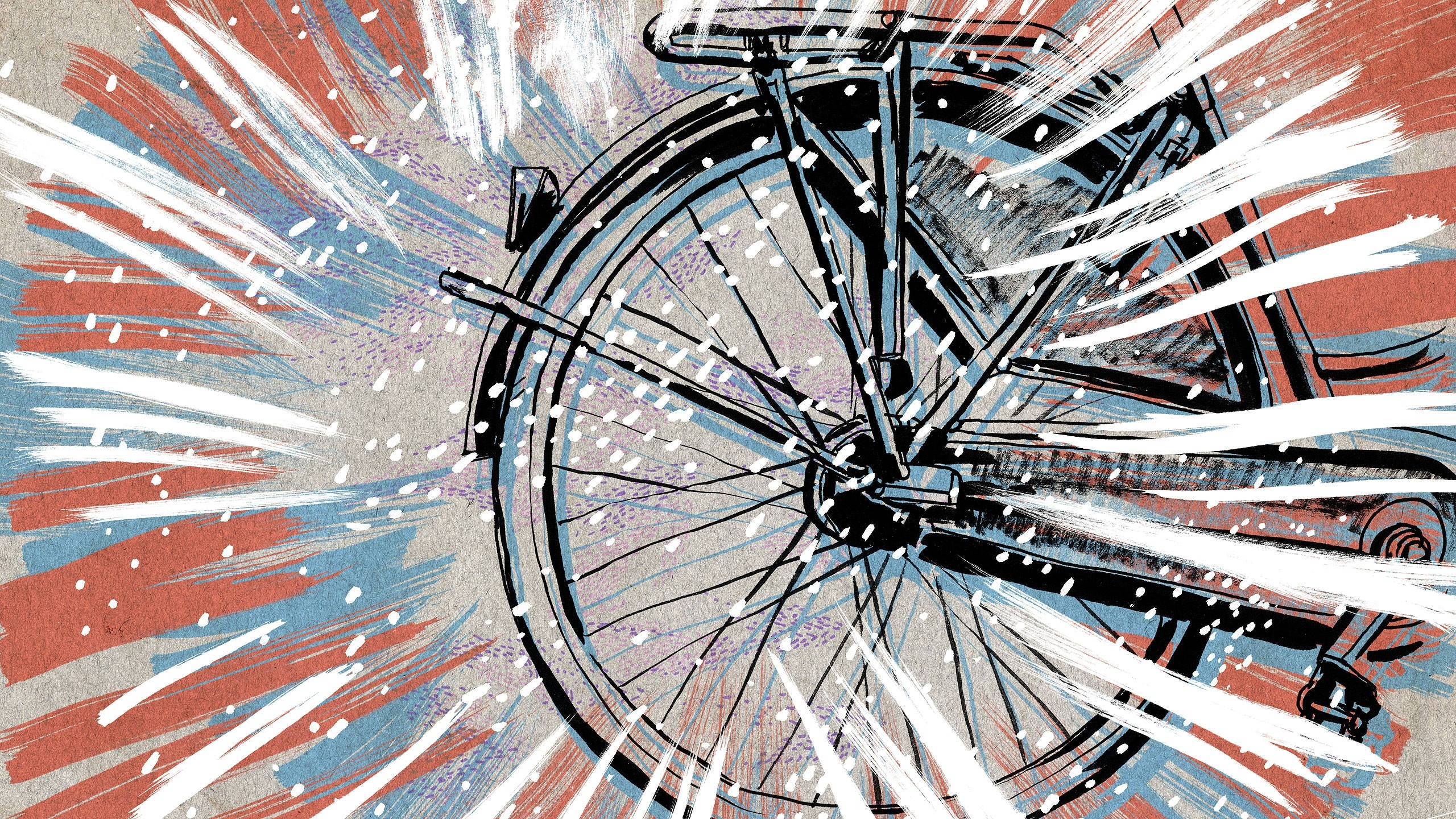 Bicycle 桌布 壁紙 — 一個動態插圖，描繪自行車輪在帶紋理的紅藍背景上旋轉，帶有白色條紋。