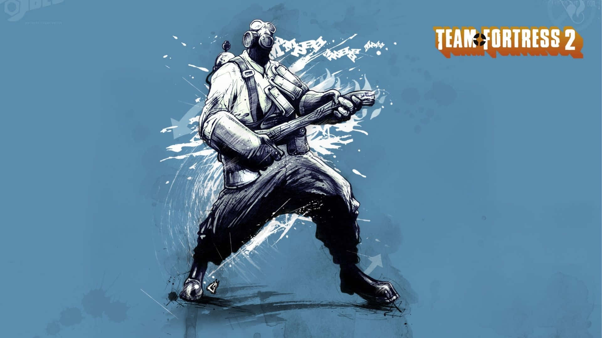 1920x1080 Tf2 桌布 壁紙 — 一個動態插圖士兵，戴著防毒面具和戰鬥裝備，在藍色背景上以白色飛濺效果發射步槍。