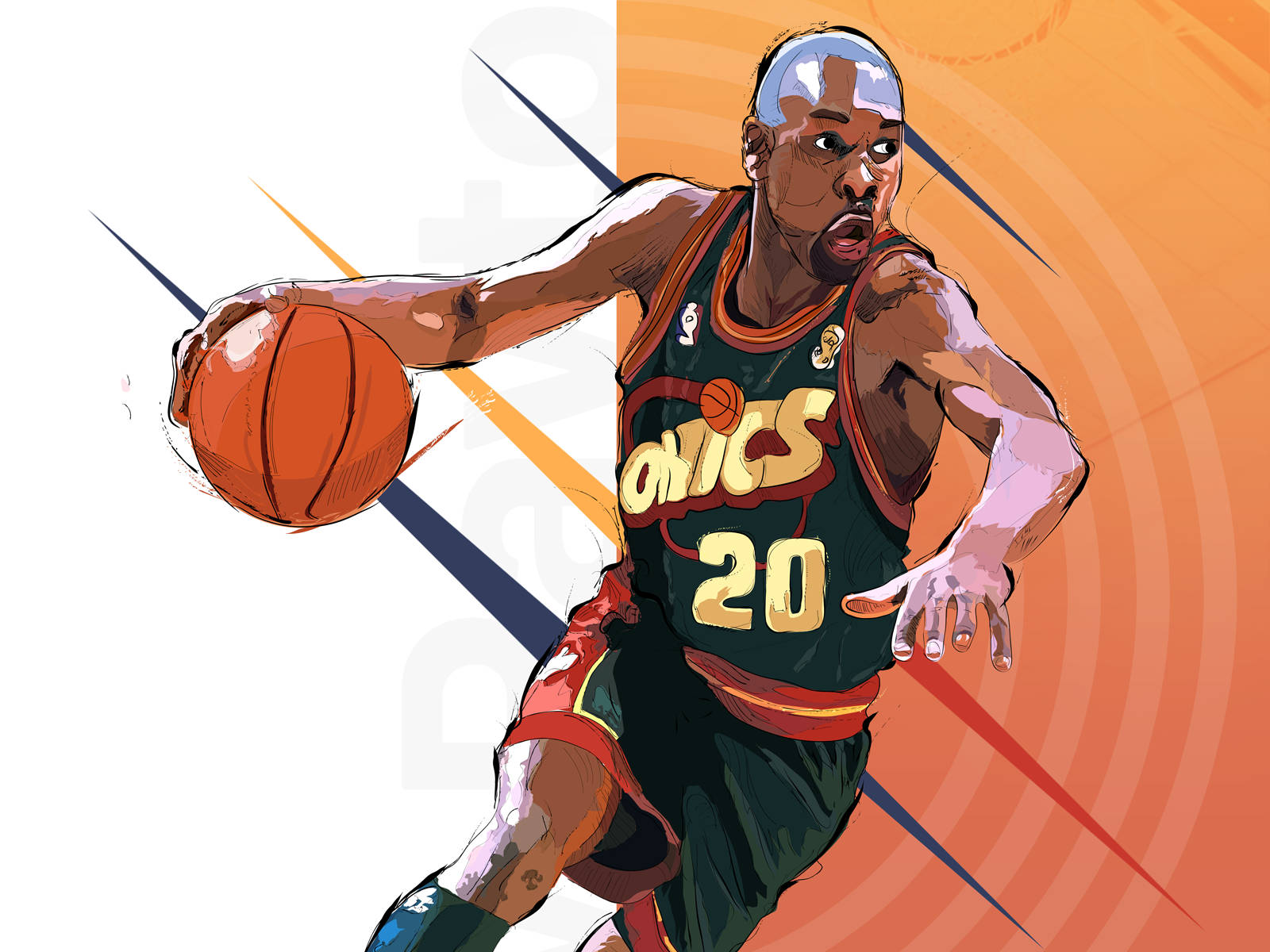 籃球 桌布 壁紙 — 一個動態插圖籃球運動員，身穿綠色和紅色的「Sonics」球衣，在充滿活力的橙色和白色背景下專注地運球。