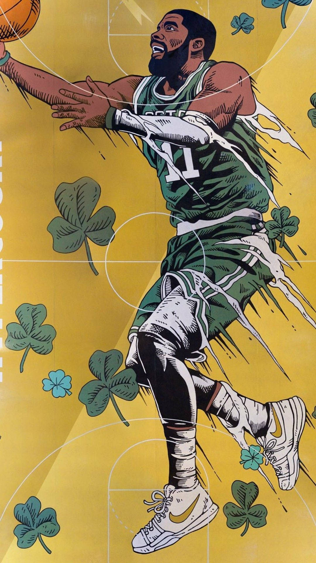 Kyrie 桌布 壁紙 — 一個動態插圖籃球運動員穿著綠色球衣，在黃色球場背景上跳起灌籃，周圍散落著三葉草。