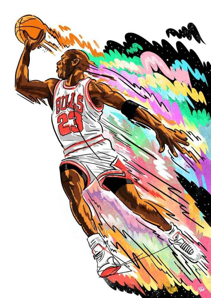 身穿公牛隊球衣的麥可喬丹在半空中灌籃，留下彩虹運動軌跡。 — Michael B Jordan 壁紙
