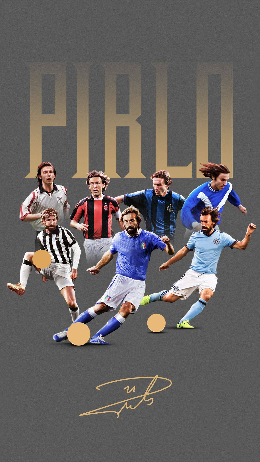 andrea pirlo 桌布 壁紙 — 一個動態數位拼貼，展示足球員皮爾洛穿著多件標誌性球衣在深灰色背景上進行動作，並附有他的名字和簽名。