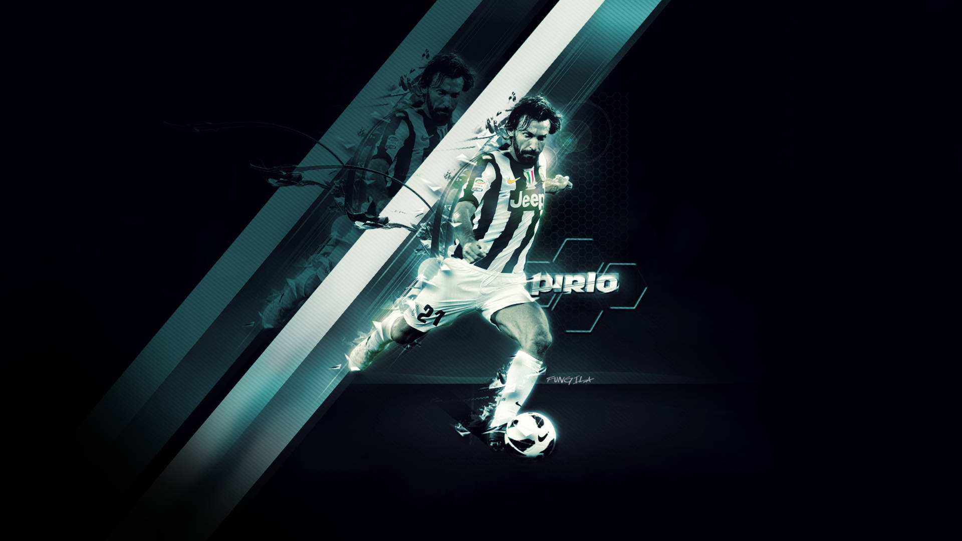andrea pirlo 桌布 壁紙 — 一個動態數位藝術描繪，展示尤文圖斯足球員在黑暗背景中踢球，帶有發光的青綠色條紋。