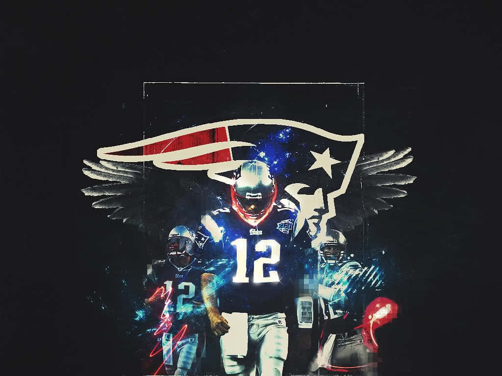 Patriots 桌布 壁紙 — 一個動態數位藝術肖像，描繪身穿12號球衣的足球運動員，在深色背景上帶有發光藍色能量效果和翅膀。