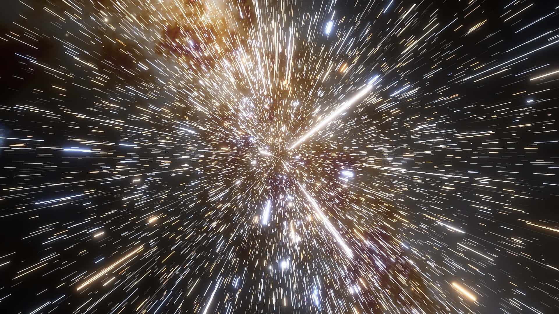 Interstellar Travel 桌布 壁紙 — 一個動態星場在黑色虛空中，穿過金色和白色光的宇宙隧道疾馳而過。