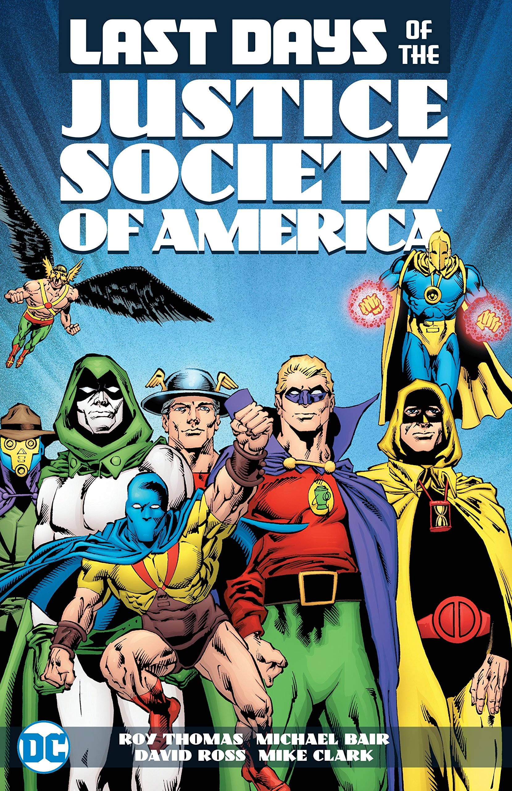 society 桌布 壁紙 — 一個動態漫畫封面，以正義協會的美國英雄在藍色背景上以戲劇性燈光擺出大膽姿勢。