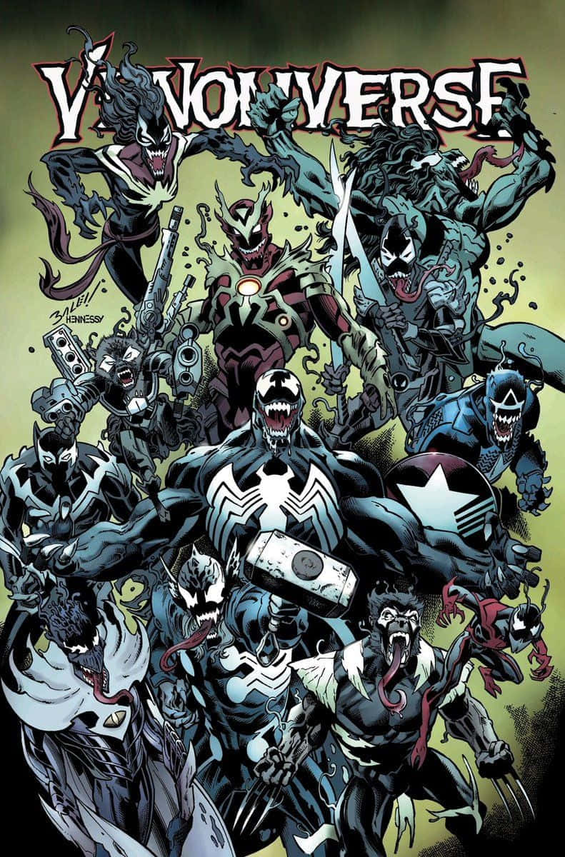 Venomverse 桌布 壁紙 — 一個動態漫畫封面，多個猛毒共生體以侵略性姿勢呈現在綠色漸變背景上。