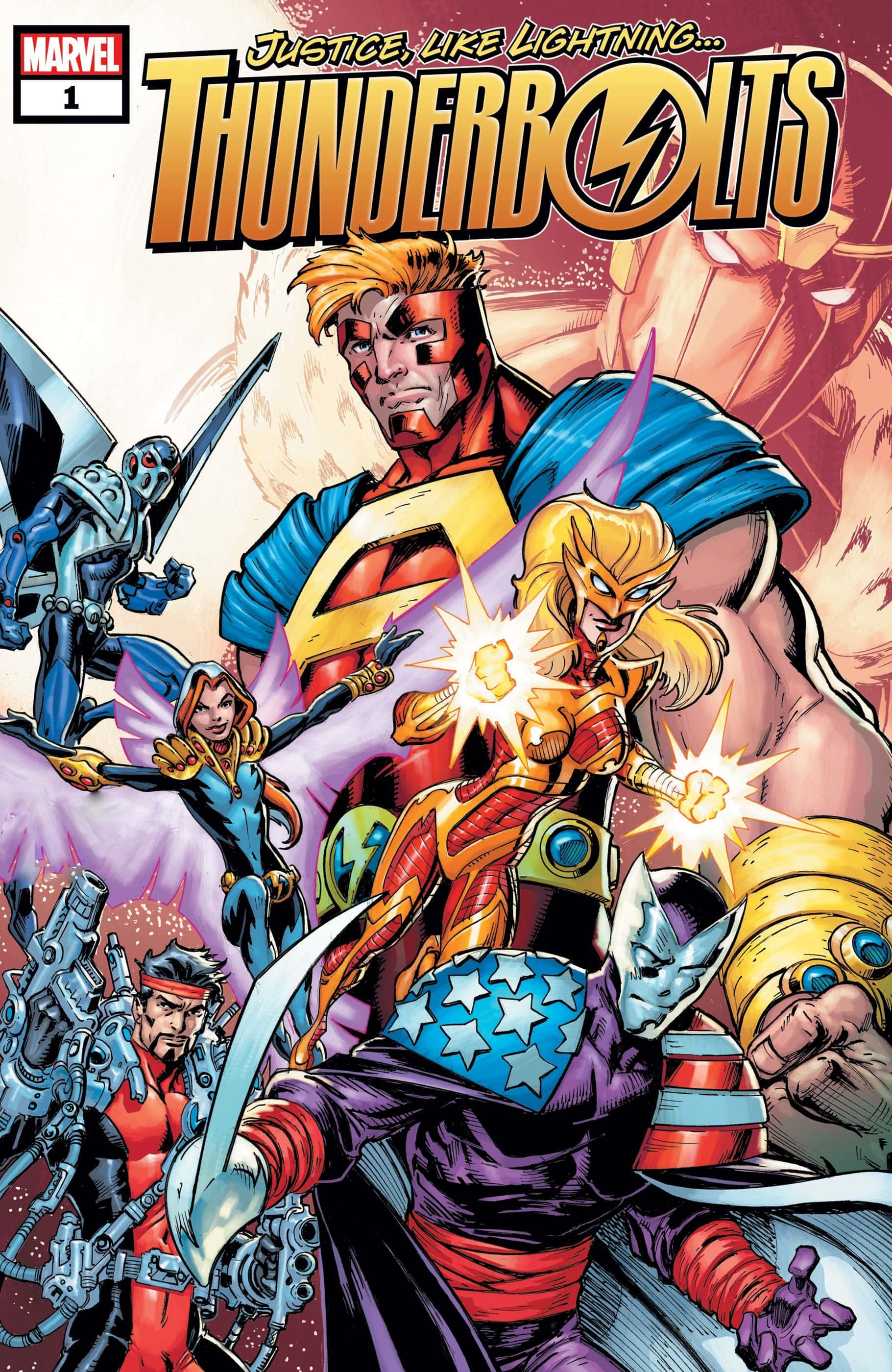Thunderbolts 桌布 壁紙 — 一個動態漫畫封面，展示雷霆特攻隊以英雄姿態擺出姿勢，帶有發光能量效果和鮮明的超級英雄服裝。