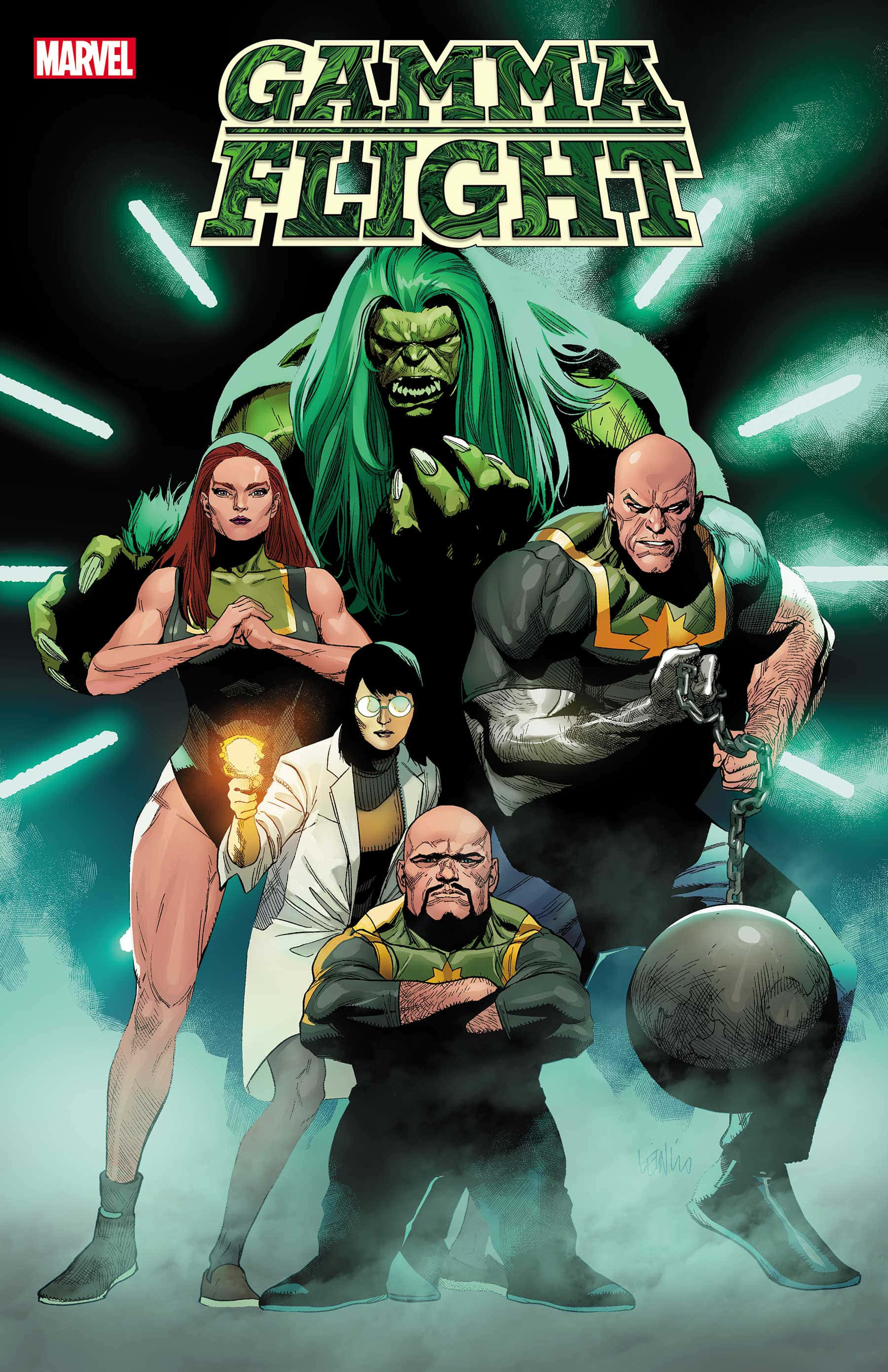 Alpha Flight 桌布 壁紙 — 一個動態漫畫封面，描繪五位身穿綠色和黑色服裝的漫威英雄，背景是發光的霓虹燈。