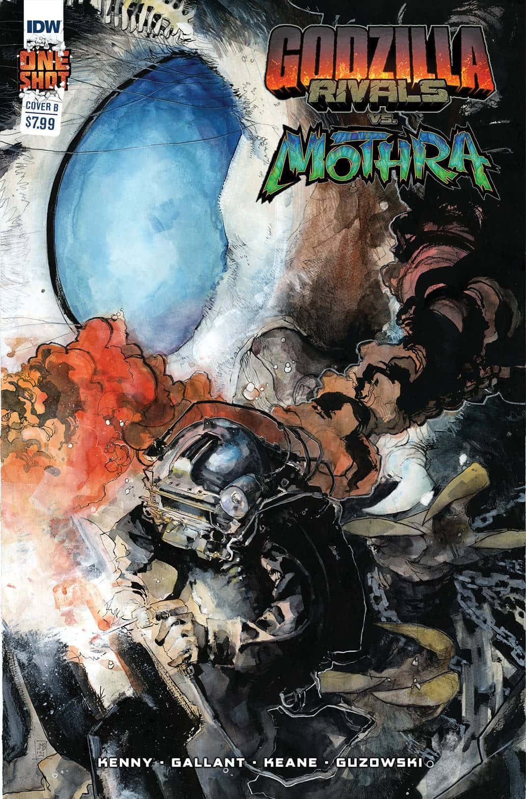 Godzilla Vs Mothra 桌布 壁紙 — 一個動態漫畫封面顯示哥吉拉和摩斯拉在熾熱的爆炸和一個巨大的發光眼睛中戰鬥。
