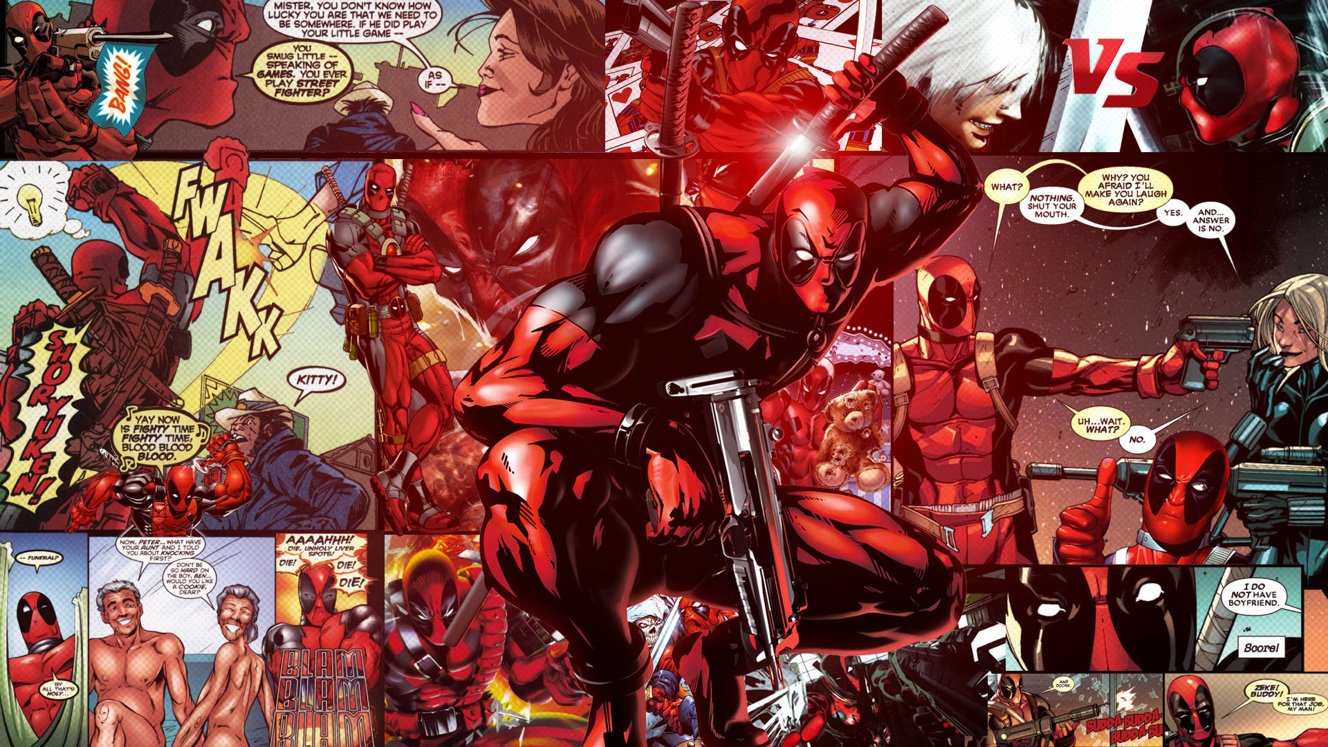 4K deadpool 桌布 壁紙 — 一個動態漫畫拼貼，Deadpool 在多個充滿動作的場景中與其他角色和對話氣泡一起出現。