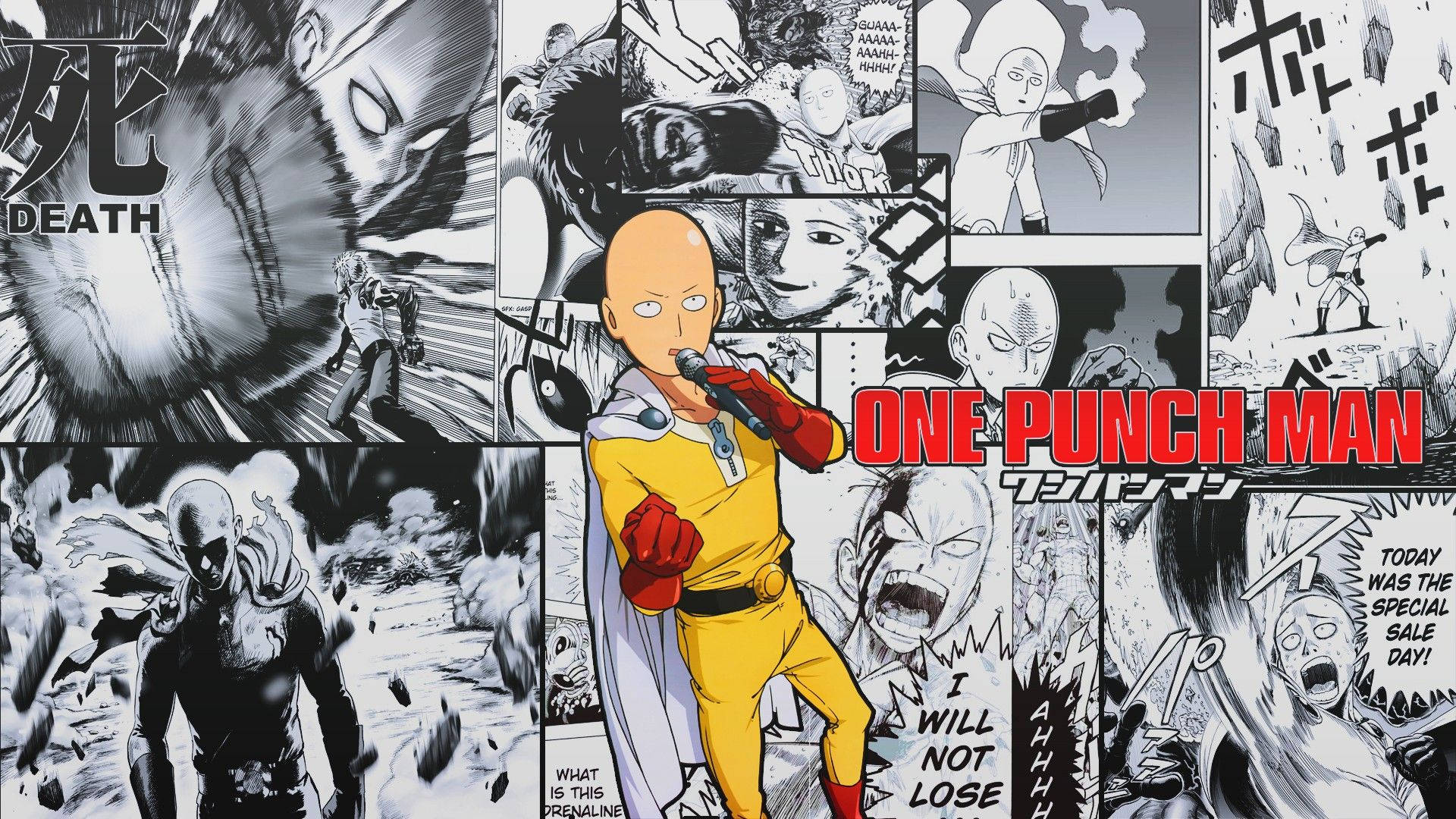 一拳超人 桌布 壁紙 — 一個動態漫畫拼貼，以黃色西裝的One Punch Man為中心，周圍是激烈的黑白動作面板。